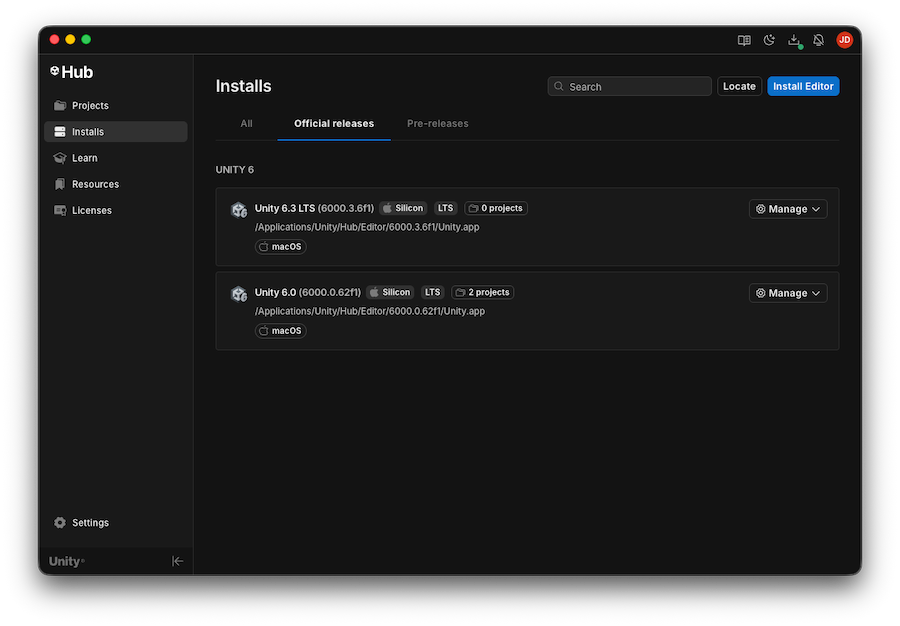 The Installs tab of the Unity Hub.