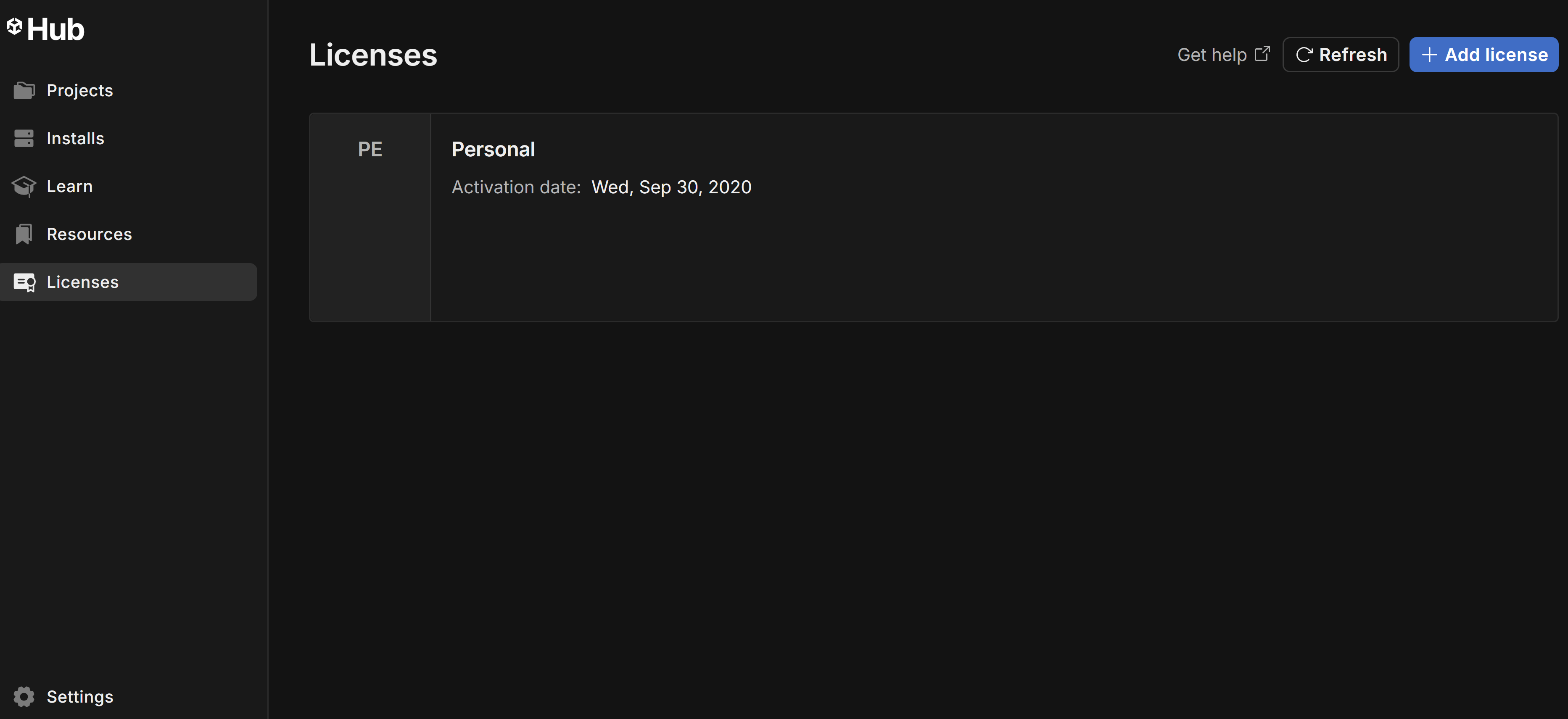 The Licenses tab of the Unity Hub.