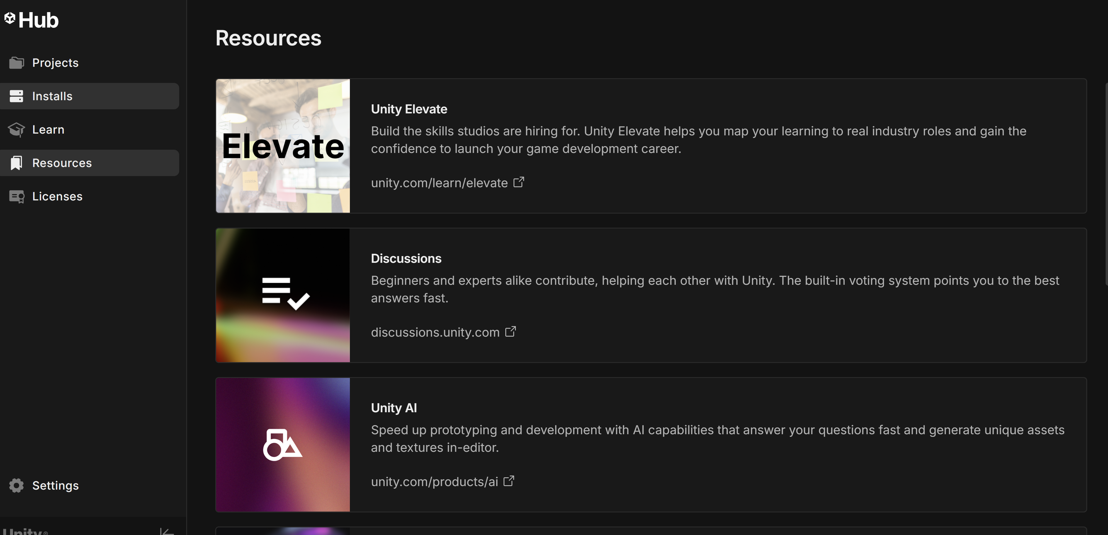 The Resources tab of the Unity Hub.