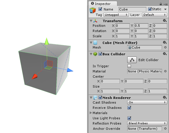 複数のコンポーネントがアタッチされたシンプルな Cube ゲームオブジェクト