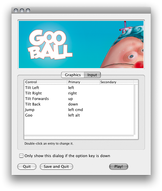 注意: これは古い図です。この Input Selector は、2005 年のとても古いバージョンの Unity エディターのものです。GooBall は Unity Technologies のゲームです