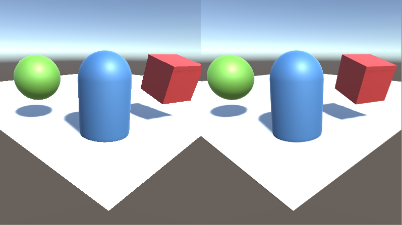 左のシーンはアンチエイリアス無しのレンダリング。右のシーンはTemporal Anti-aliasing アルゴリズムの効果を表示。 