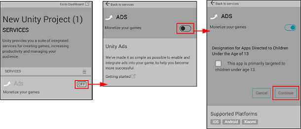 Unity エディターの Services ウィンドウ (左)、Services ウィンドウの Ads セクション (中央)、オンの状態のボタン (右)