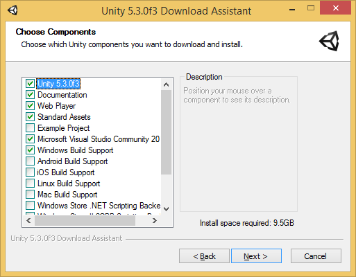 Unity Download Assistant - 必要なコンポーネントが不確かな場合は、デフォルトのままにしておくとよい