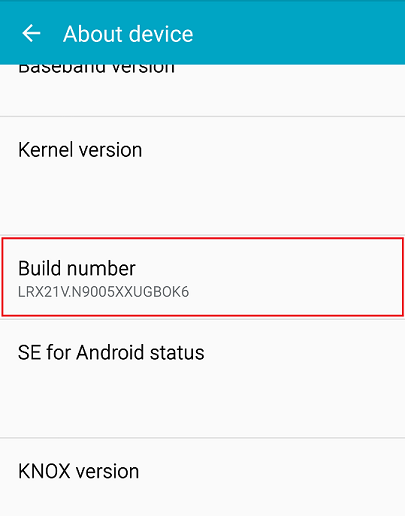 Samsung Galaxy Note 3 の Android5.0 (Lollipop) で表示されたビルド番号