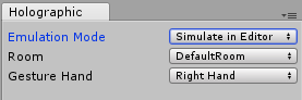 Simulate in Editor を選択した Holographic エミュレーションコントロールウィンドウ 