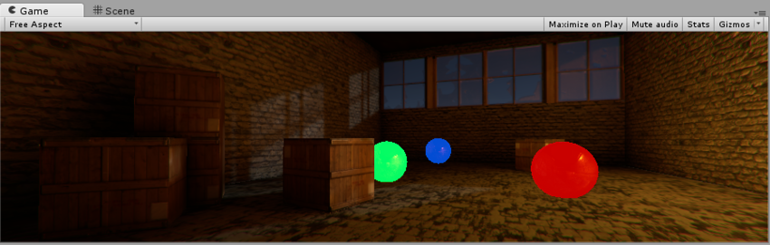 赤、緑、青の球体に emissive マテリアルを使いました。これらは暗いシーンであるにもかかわらず、内部の光源から点灯されて表示されます。