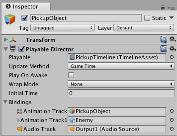 ゲームオブジェクトに加えられ、PickupObject と名付けられた Playable Director コンポーネント。ゲームオブジェクトは PickupTimeline タイムラインアセットと関連付けられています。