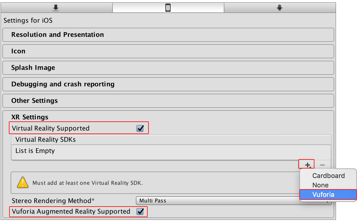 XR Settings の Vuforia Augmented Reality Supported と Virtual Reality SDKs のリスト