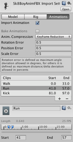 アニメーションの Import Settings オプション