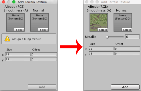 図 1: Add Terrain Texture ウィンドウで Select をクリックし、 Select Texture ウィンドウからテクスチャアセットを選択します - すると選択したものが表示され、地形に追加する準備が整います 
