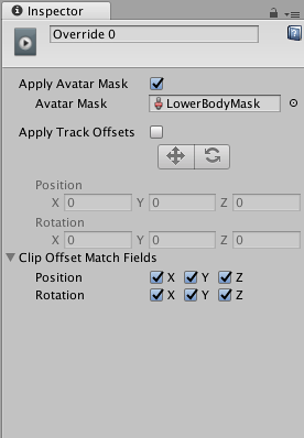 上半身のアニメーションを隠すアバターマスクを Inspector ウィンドウで指定します。