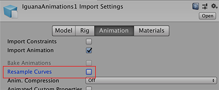 Animations Import Inspector のリサンプリングカーブのオプション