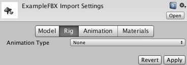 Animation Type を None に設定した Rig タブ