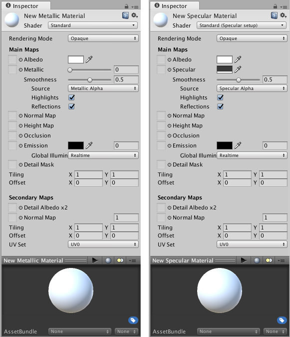 Metallic シェーダーモード、 Specular シェーダーモードそれぞれに表示された Smoothness パラメーター