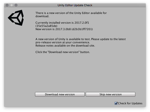 Unity の新しいバージョンがダウンロードできる場合に表示されるウィンドウ。