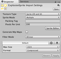 図2: Sprite Editor ボタンが表示されているテクスチャインポートインスペクター