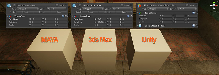 Maya と 3ds Max からインポートしたキューブと Unity で作成したキューブを使ったスケールの比較