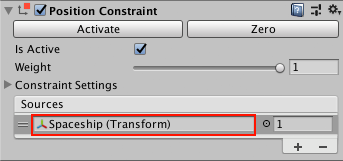 十字線の Position Constraint。十字線はプレイヤーの Spaceship に追従します (赤枠)。