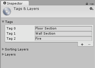  Tags & Layers の Project Settings ウィンドウを表示する Inspector ウィンドウ