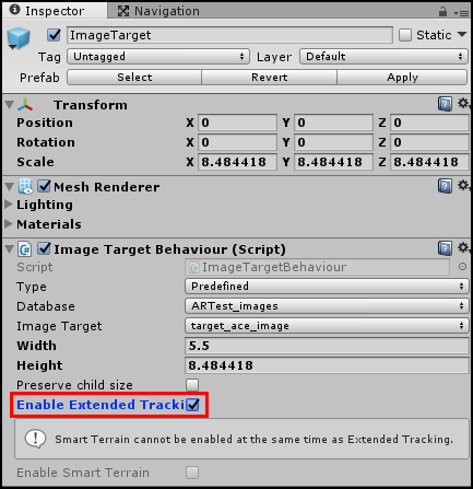 画像ターゲットゲームオブジェクトの Extended Tracking を有効にする
