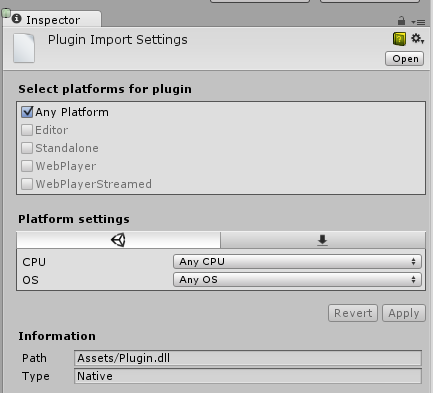 Plugin インスペクターを使ってカスタムの .winmd ファイルを特定のプラットフォーム用に設定します。