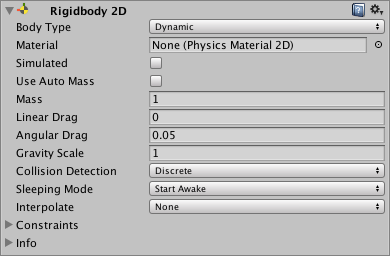 Rigidbody 2D コンポーネント。Unity エディター内の表示は選択した Body Type によって異なります。詳細は後述の Body Type を参照してください。