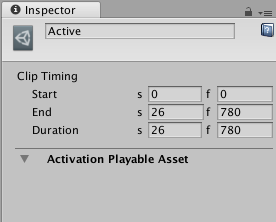 Timeline エディターウィンドウでアクティベーションクリップを選択した場合の Inspector ウィンドウ