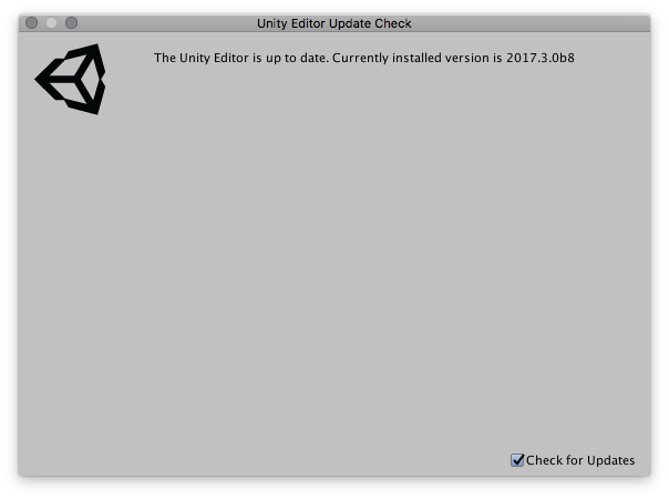 Unity が最新のバージョンに更新される際に表示されるウィンドウ。