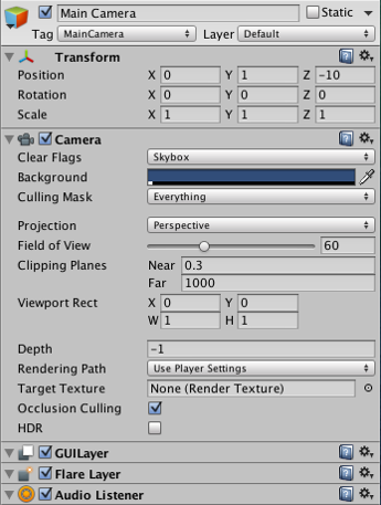 Main Camera はゲームオブジェクトのひとつです - 各シーンにデフォルトで存在し、デフォルトでいくつかのコンポーネントを含んでいます。