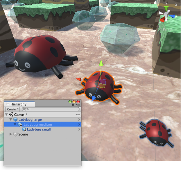 中サイズの虫を選択すると、オレンジ色でハイライトされ、青いゲームオブジェクト (小サイズの虫) が青い輪郭で表示されますが、親ゲームオブジェクト (大サイズの虫) はハイライトされません。 
