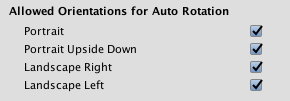 Android プラットフォームの Auto Rotation Player 設定で可能な向きを許可