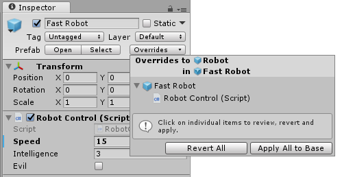 プレハブモードでプレハブバリアントを編集するときの、プレハブバリアントの Overrides ドロップダウン