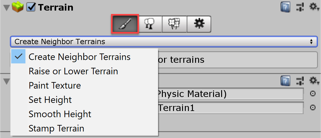 Terrain tools drop-down menu