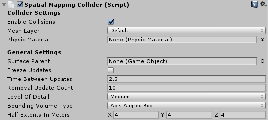 Unity エディターの Spatial Mapping Collider コンポーネント