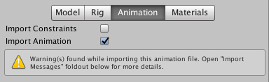 アニメーションのインポート警告メッセージ