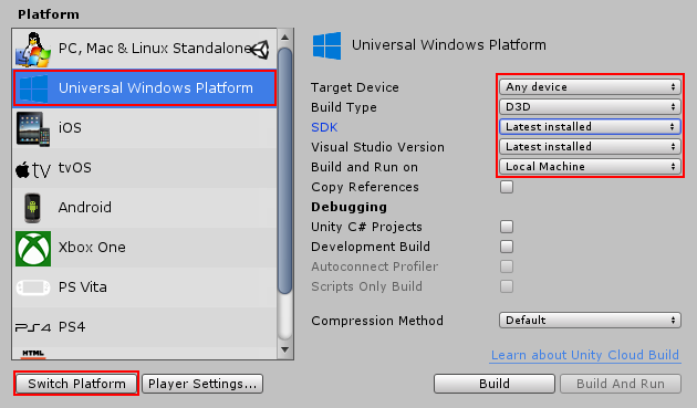 ユニバーサル Windows プラットフォームのデフォルト設定を表示する Build Settings ウィンドウ