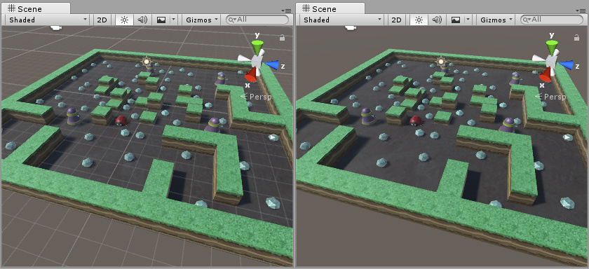 左: シーンビューのグリッドは有効。 右: シーンビューのグリッドは無効。