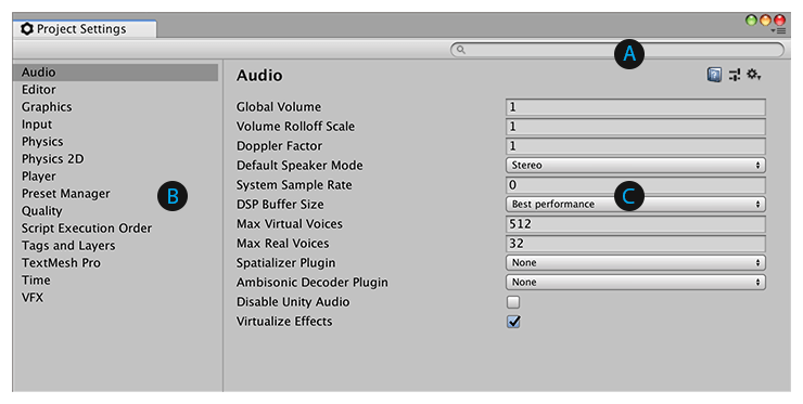 Unity Project Settings ウィンドウ