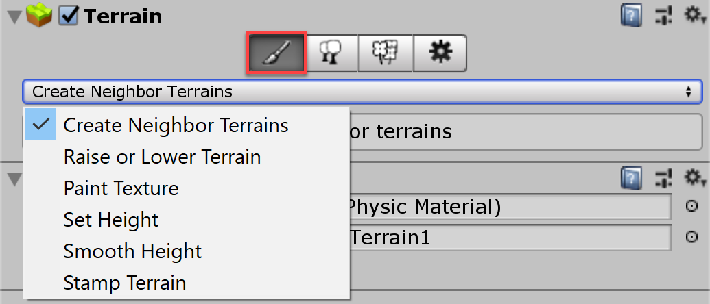 Terrain ツールのドロップダウン