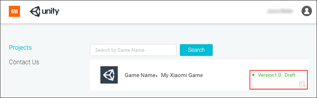 Xiaomi Unity Developer Portal の Project リスト