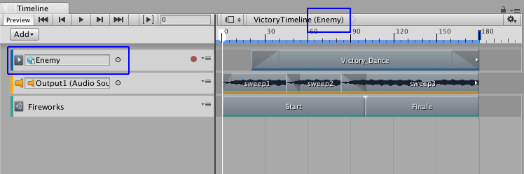Enemy ゲームオブジェクト (青いハイライト) もまた、VictoryTimeline タイムラインアセットに関連付けられています