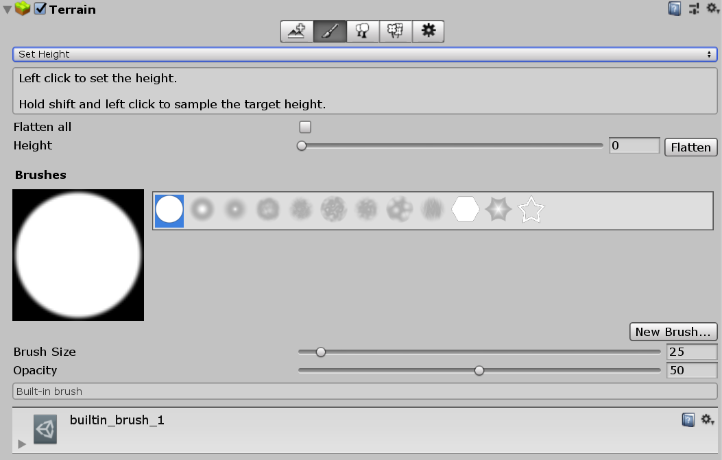 Terrain インスペクターで Height ツールを設定