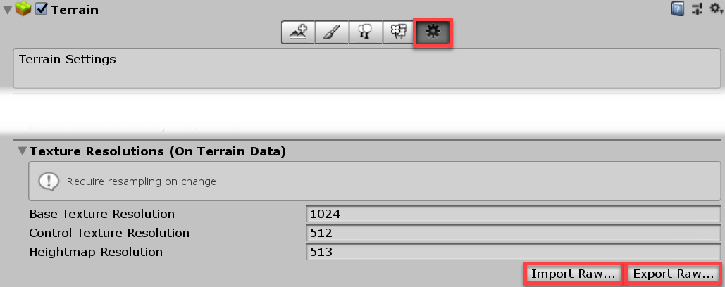 Terrain Settings インスペクターの Import Raw ボタンと Export Raw ボタン