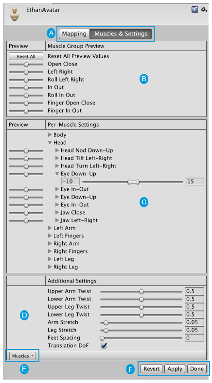 Avatar ウィンドウの Muscles &amp; Settings タブ