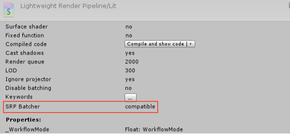 特定のシェーダーの Inspector でシェーダーの互換性を確認できます。