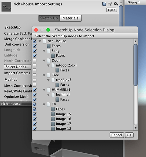 SketchUp Node Selection Dialog ウィンドウ