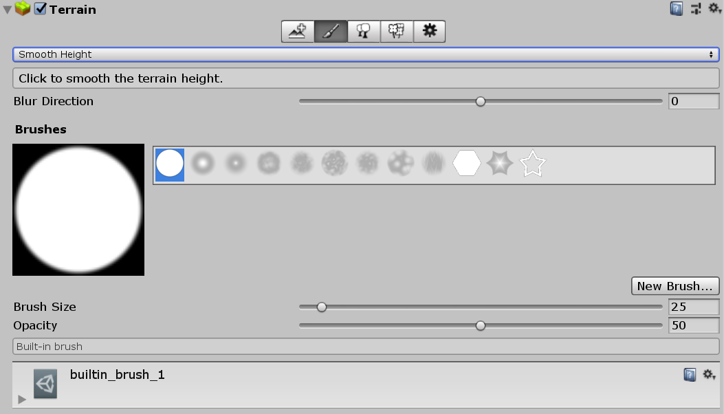 Terrain インスペクターの Smooth Height ツール