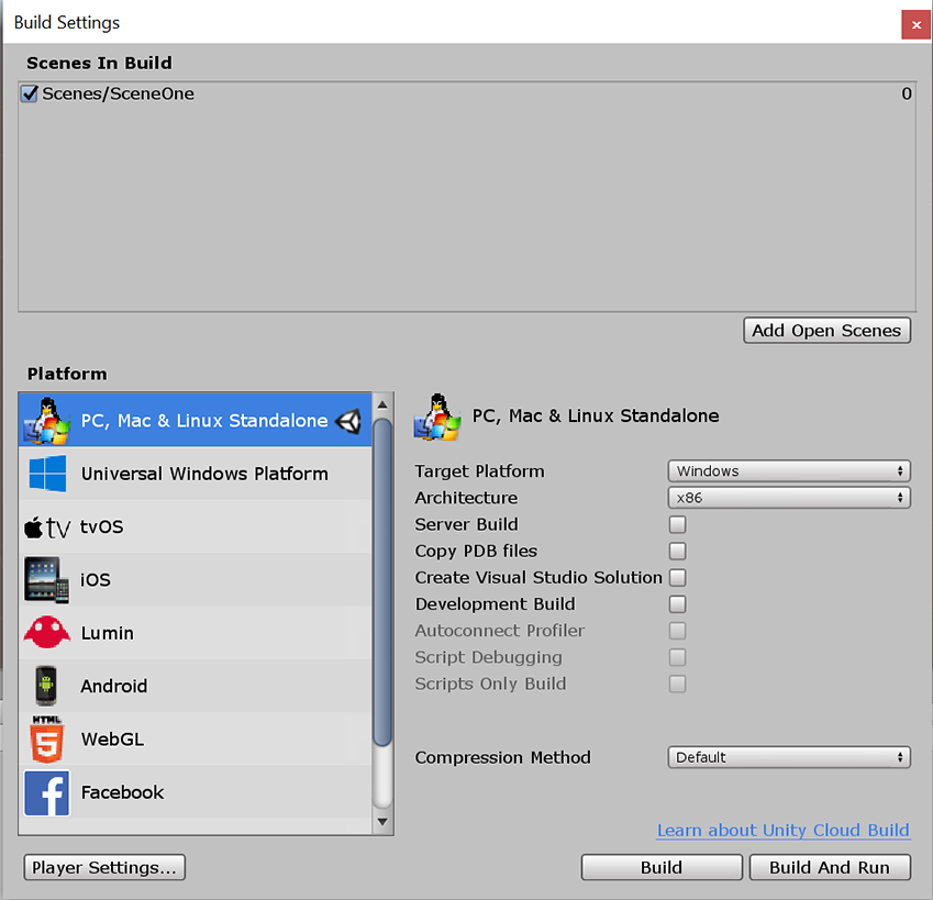 ターゲットのプラットフォームとして PC, Mac & Linux を選択した Build Settings ウィンドウ