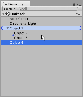 In this image, Object 4 (selected) is being dragged between Object 2 and Object 3 (indicated by the blue horizontal line), to be placed here as a sibling of these two GameObjects under the parent GameObject Object 1 (highlighted in a blue capsule).